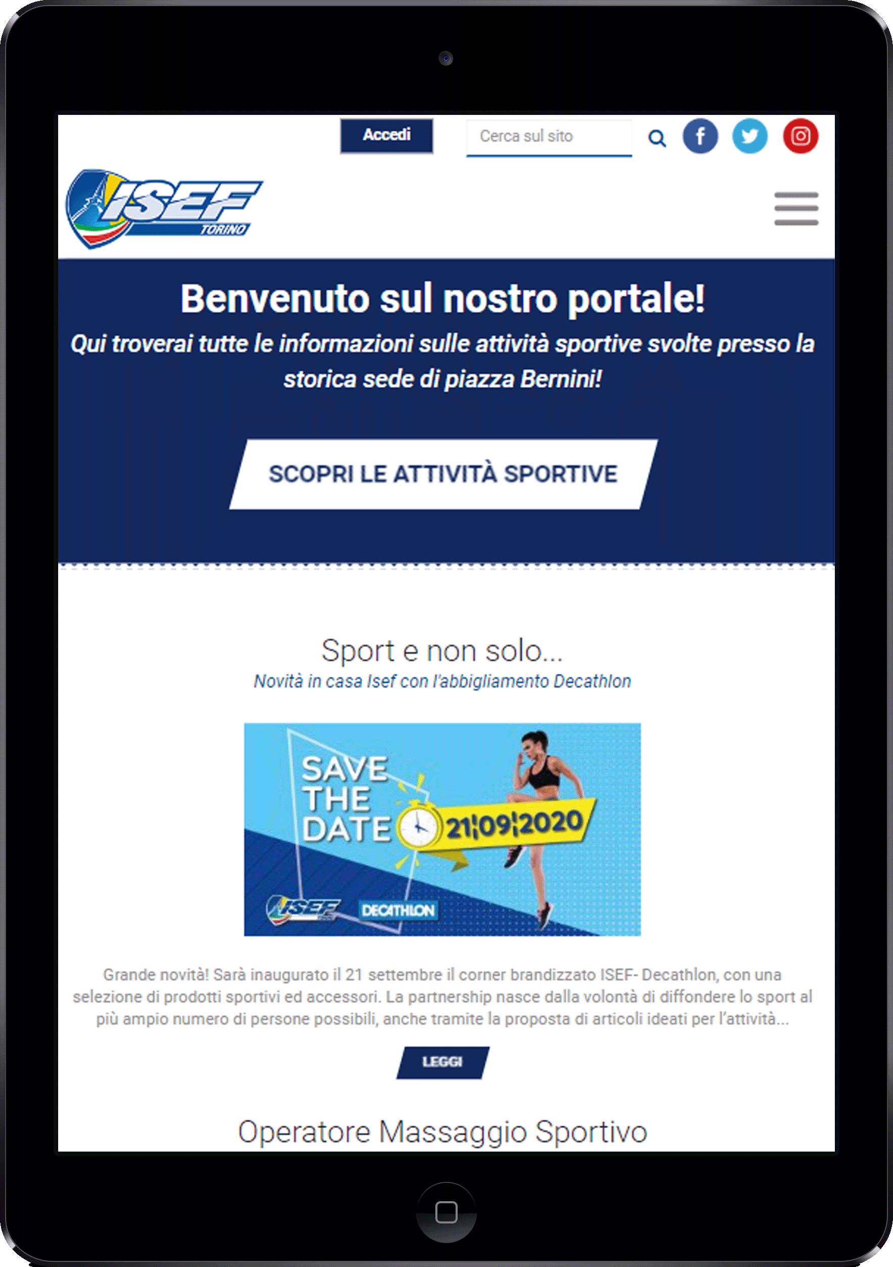 Screenshot del sito web ISEF Torino versione mobile