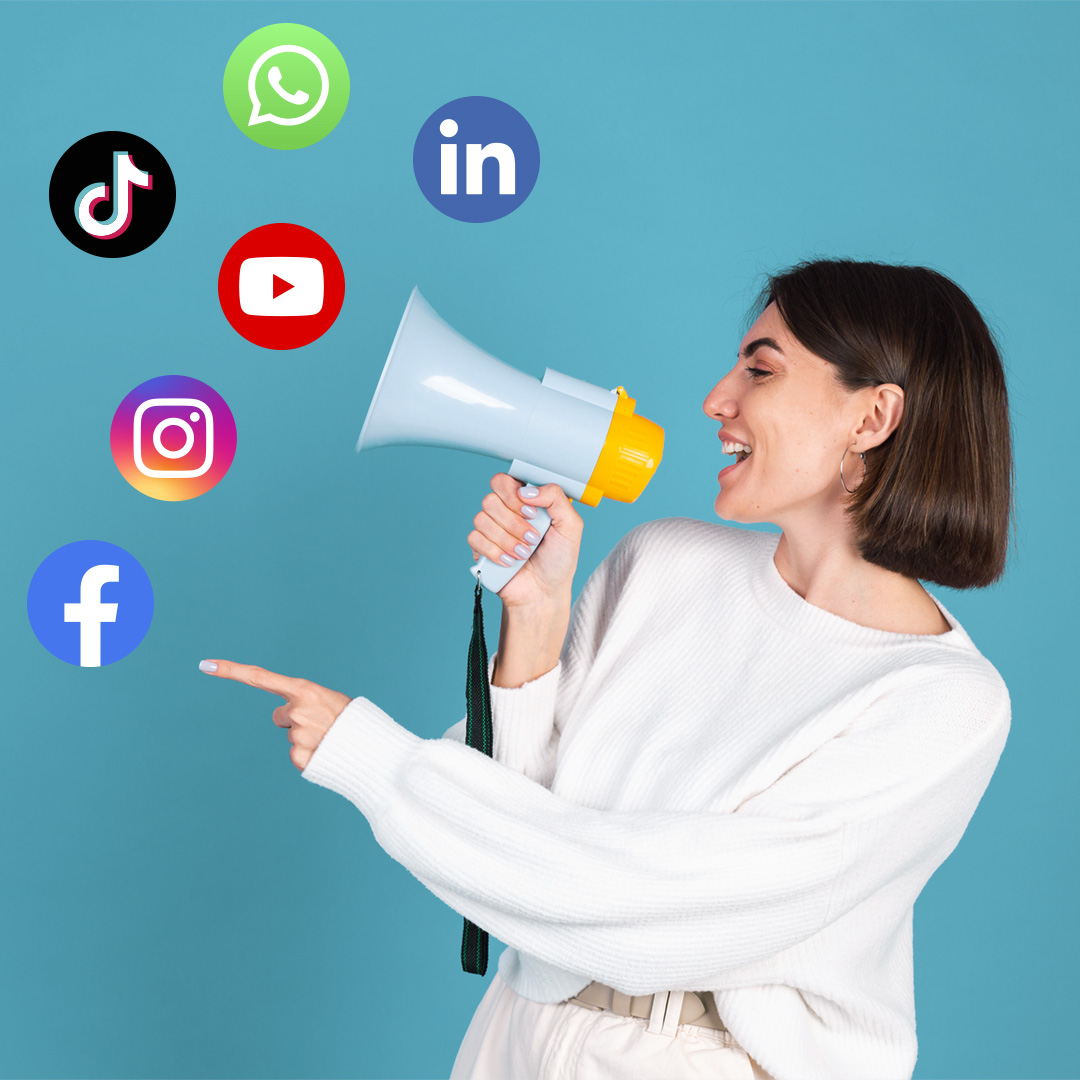 Young brunette in white casual sweater isolated on purple background happy screaming in megaphone copy space point left